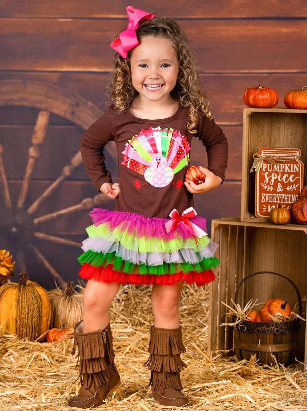 Girls Thanksgiving Themed Long Sleeve Turkey Ruffled Tutu Dress