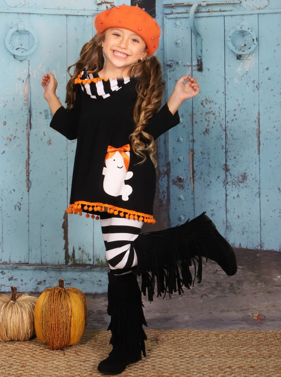 Girls Halloween Themed Ghost Long Sleeve Pom Pom Tunic, Striped Leggings & Scarf Set