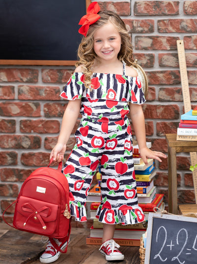 First Day of School Apple Stripe Ruffle Hem Jumpsuit | Mia Belle Girls