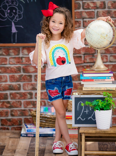 Back To School | Rainbow Top & Patched Denim Shorts | Mia Belle Girls