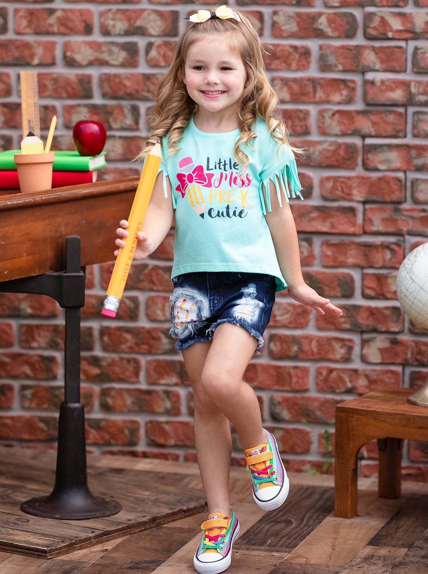First Day of School | Little Miss Pre-K Patched Shorts Set | Mia Belle Girls