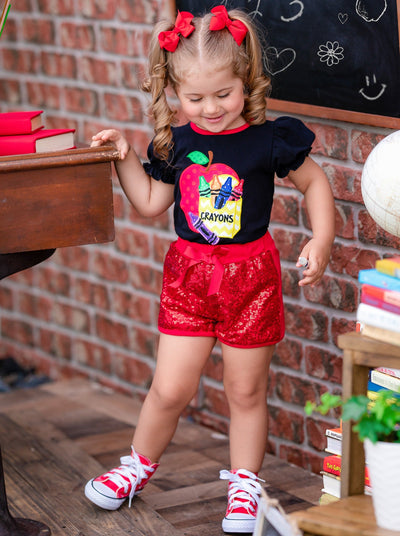 Little girls back to school apple and crayon graphic top with puffed short sleeves and sequin mesh shorts with bow - Mia Belle Girls