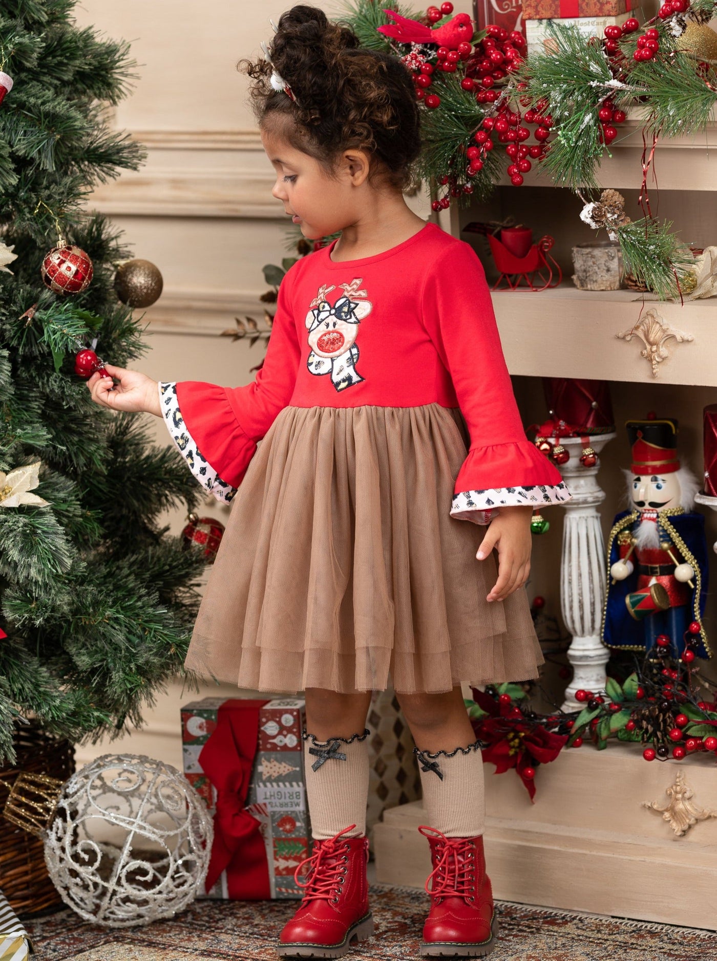 Cute Christmas Dresses | Girls Flounce Sleeve Reindeer Tutu Dress