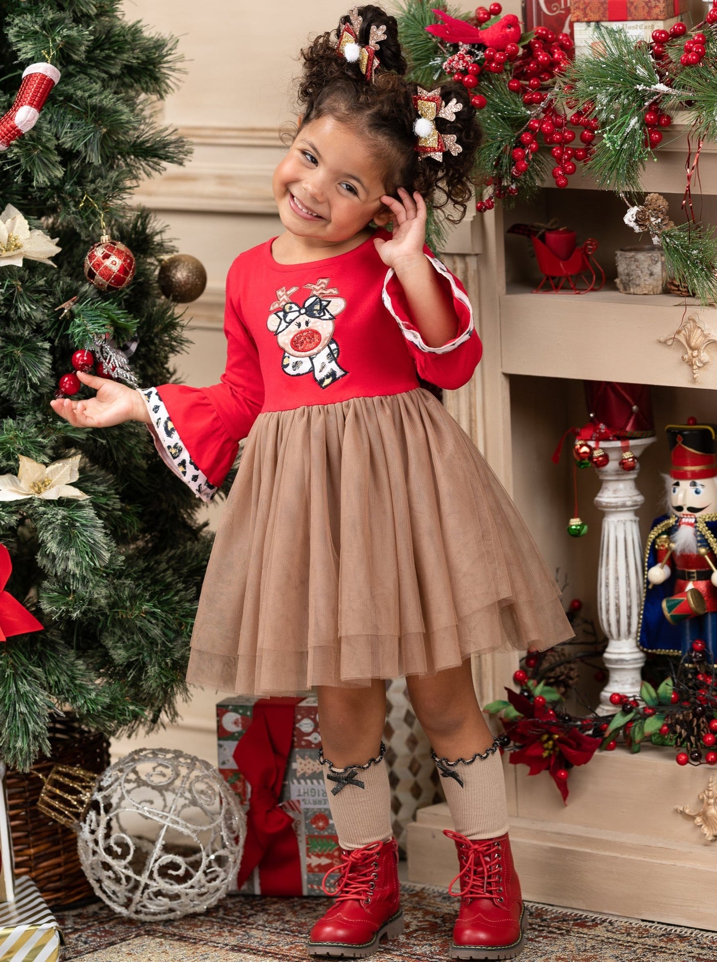 Cute Christmas Dresses | Girls Flounce Sleeve Reindeer Tutu Dress