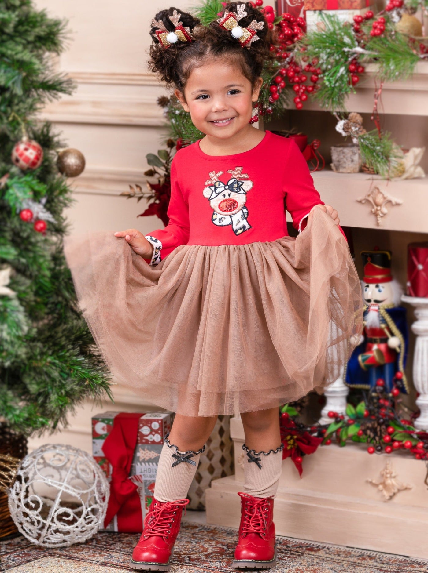 Cute Christmas Dresses | Girls Flounce Sleeve Reindeer Tutu Dress