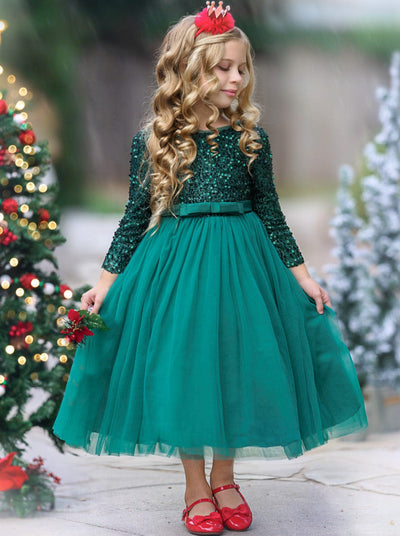 Girls Holiday Dresses | Sparkly Sequin Tinsel Green Maxi Dress