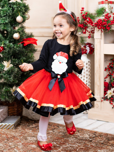 Cute Christmas Skirt Set | Girls Long Sleeved Santa Top Tutu Skirt Set