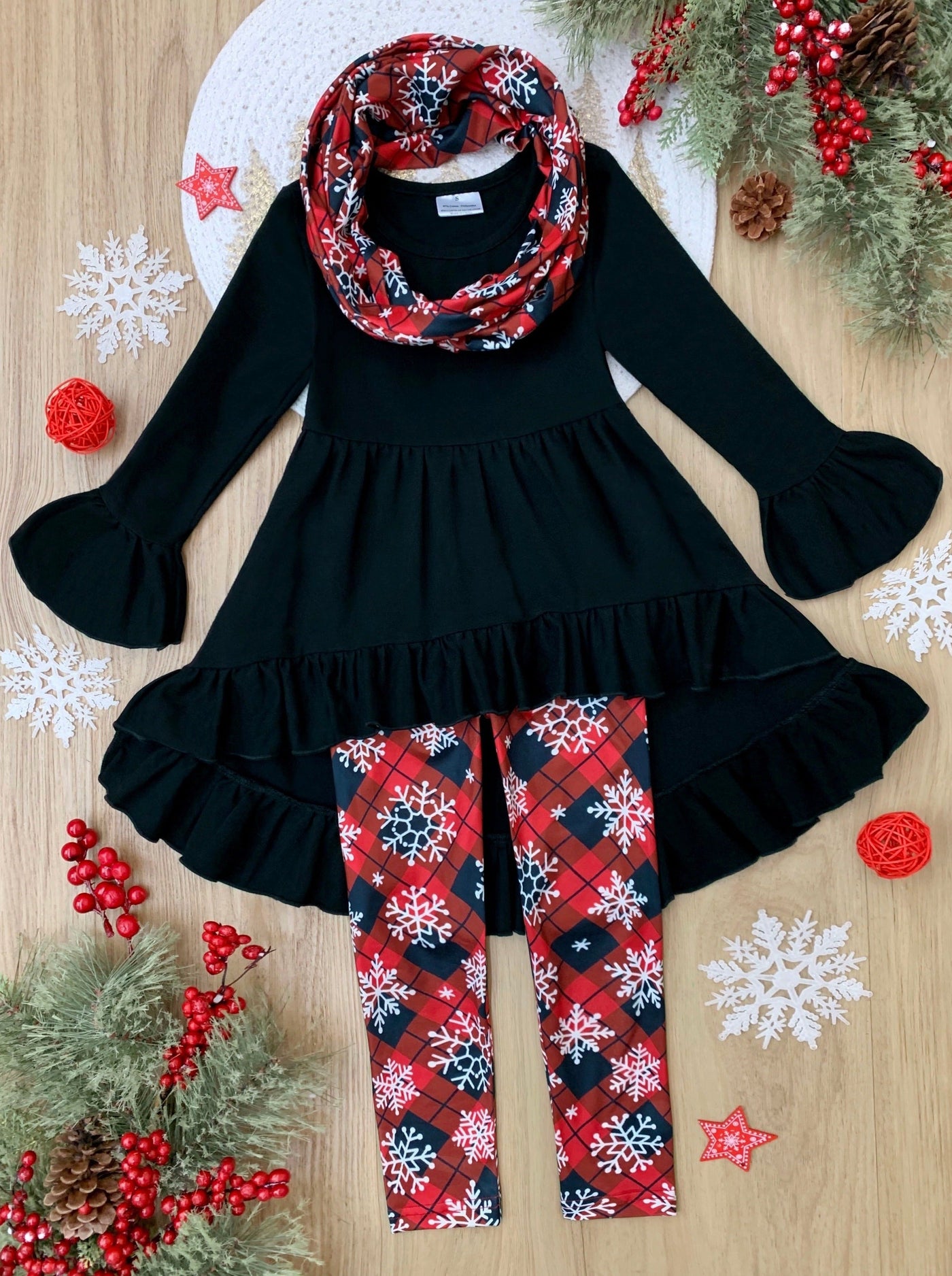 Girls Winter Casual Set | Plaid Snowflake Tunic, Scarf, & Legging Set 