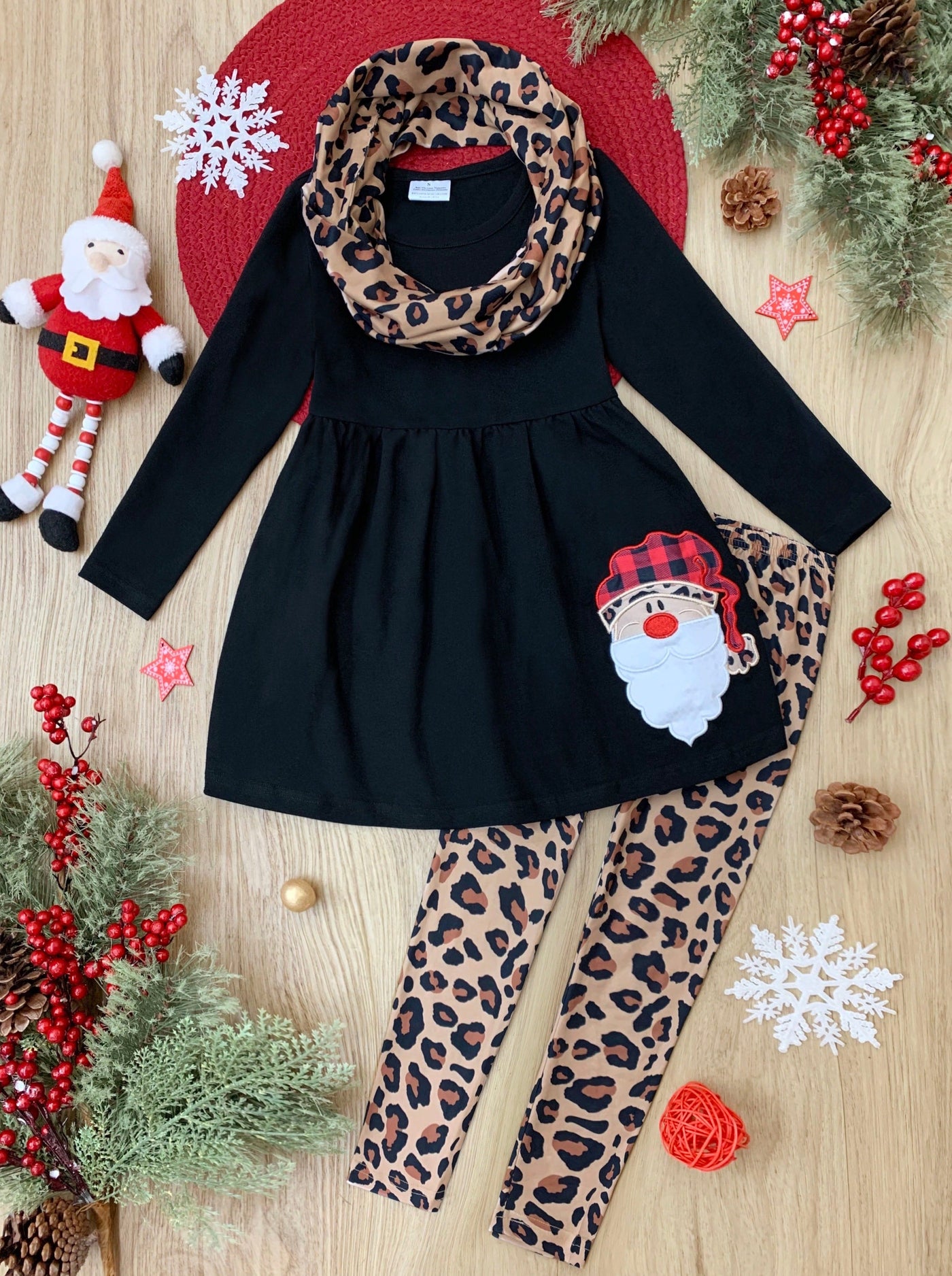 Girls Winter Casual Set | Santa Leopard Tunic, Scarf, & Legging Set 