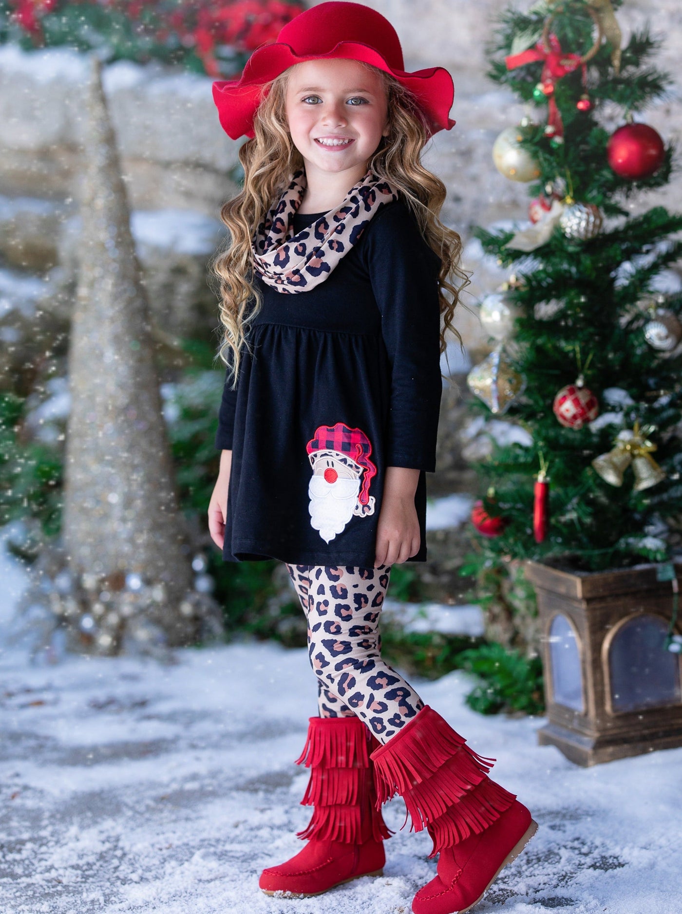 Girls Winter Casual Set | Santa Leopard Tunic, Scarf, & Legging Set