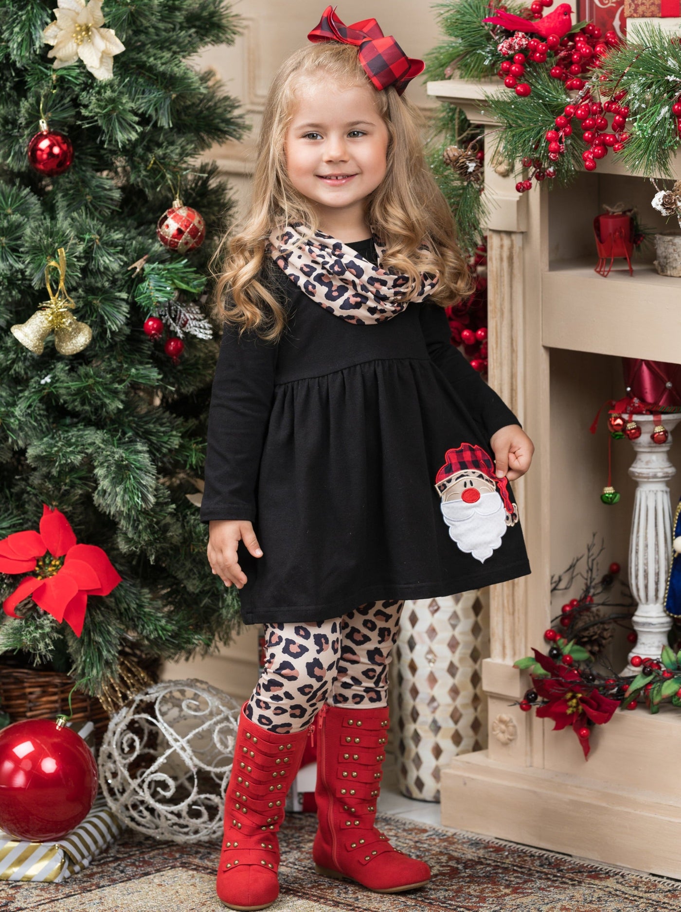 Girls Winter Casual Set | Santa Leopard Tunic, Scarf, & Legging Set 