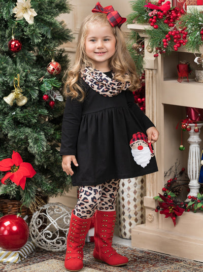 Girls Winter Casual Set | Santa Leopard Tunic, Scarf, & Legging Set 