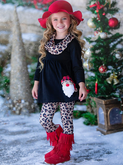 Girls Winter Casual Set | Santa Leopard Tunic, Scarf, & Legging Set