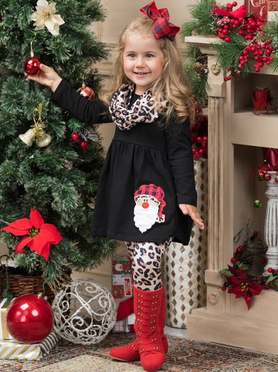 Girls Winter Casual Set | Santa Leopard Tunic, Scarf, & Legging Set 