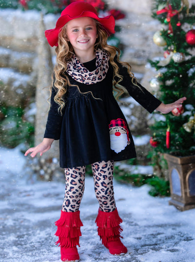 Girls Winter Casual Set | Santa Leopard Tunic, Scarf, & Legging Set