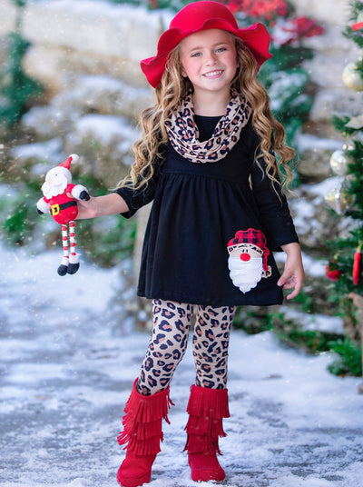 Girls Winter Casual Set | Santa Leopard Tunic, Scarf, & Legging Set