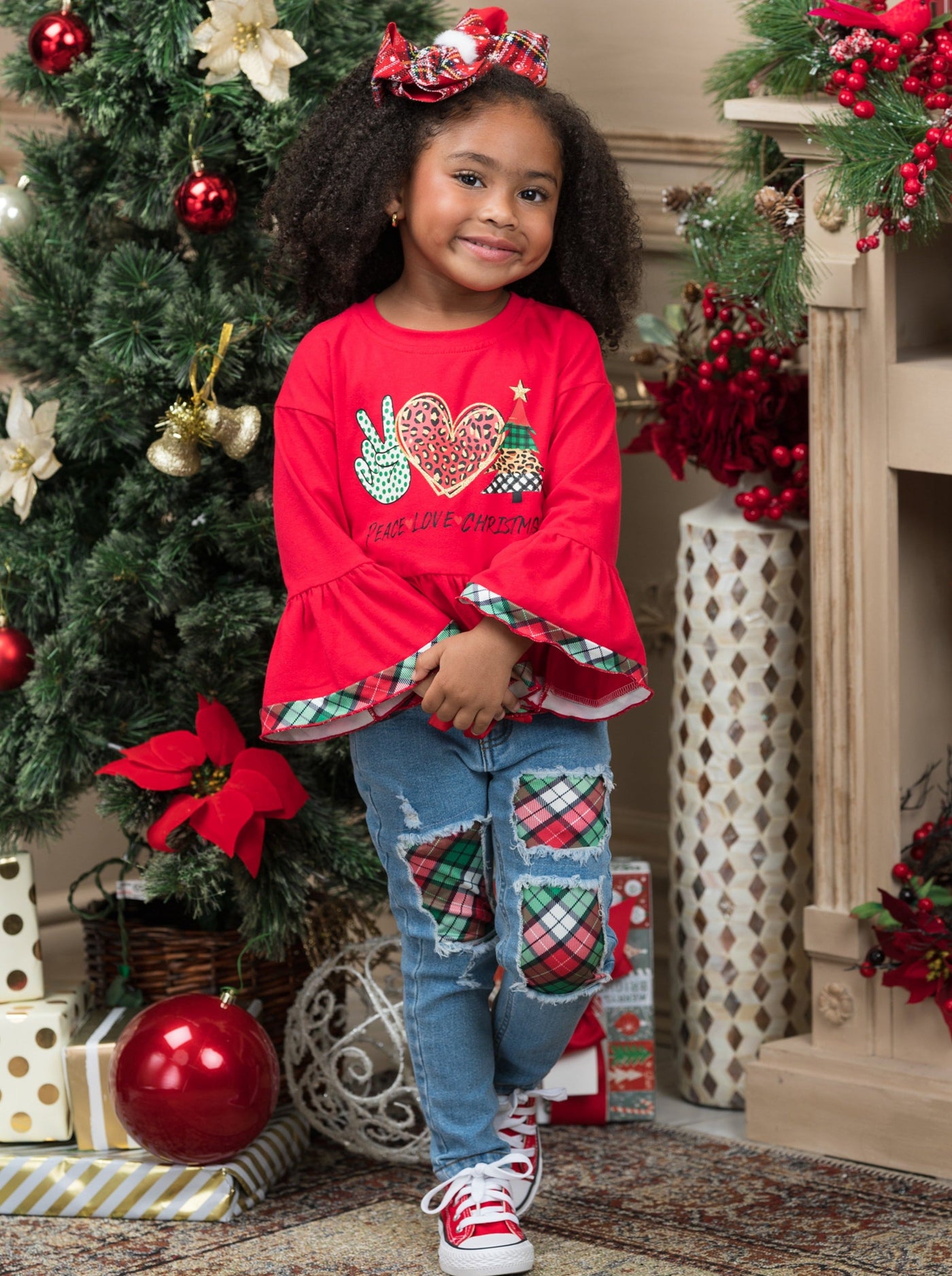 Girls Winter Casual Sets | Peace, Love, Christmas Patched Jean Set 