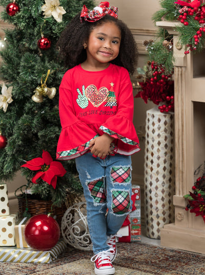Girls Winter Casual Sets | Peace, Love, Christmas Patched Jean Set 