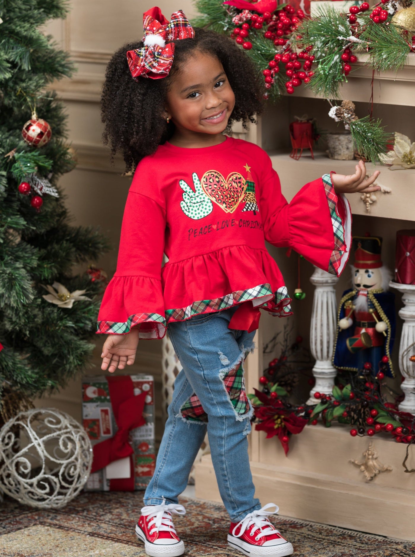 Girls Winter Casual Sets | Peace, Love, Christmas Patched Jean Set 