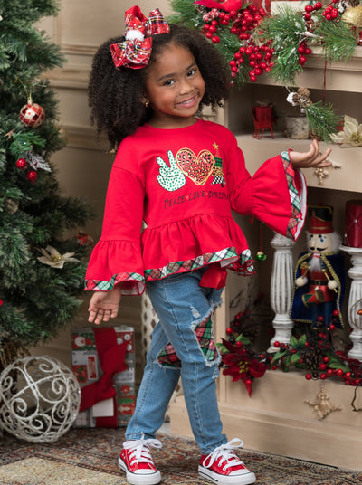 Girls Winter Casual Sets | Peace, Love, Christmas Patched Jean Set 