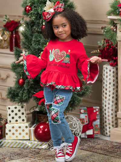 Girls Winter Casual Sets | Peace, Love, Christmas Patched Jean Set 