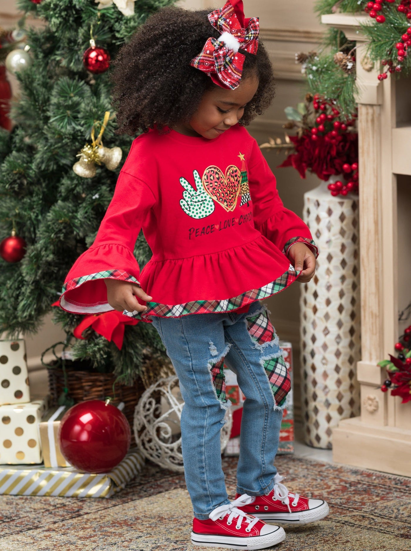 Girls Winter Casual Sets | Peace, Love, Christmas Patched Jean Set 