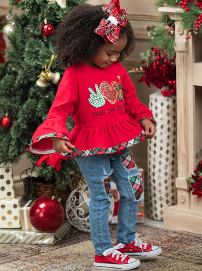 Girls Winter Casual Sets | Peace, Love, Christmas Patched Jean Set 
