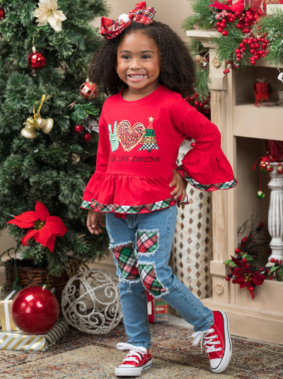 Girls Winter Casual Sets | Peace, Love, Christmas Patched Jean Set 