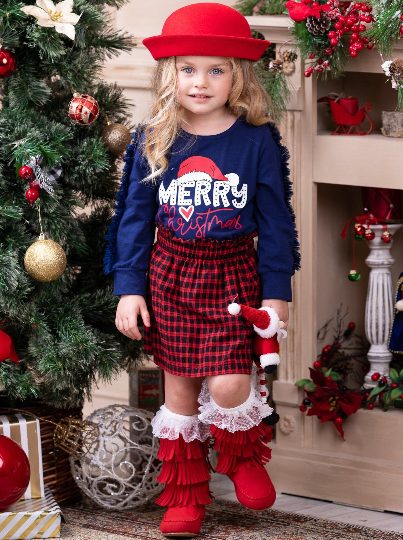 Merry Christmas Flutter Tulle Plaid Skirt Set