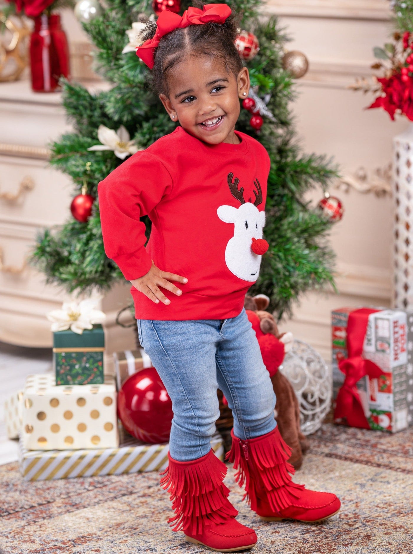 Winter Tops For Girls | Reindeer Pullover Sweater | Mia Belle Girls