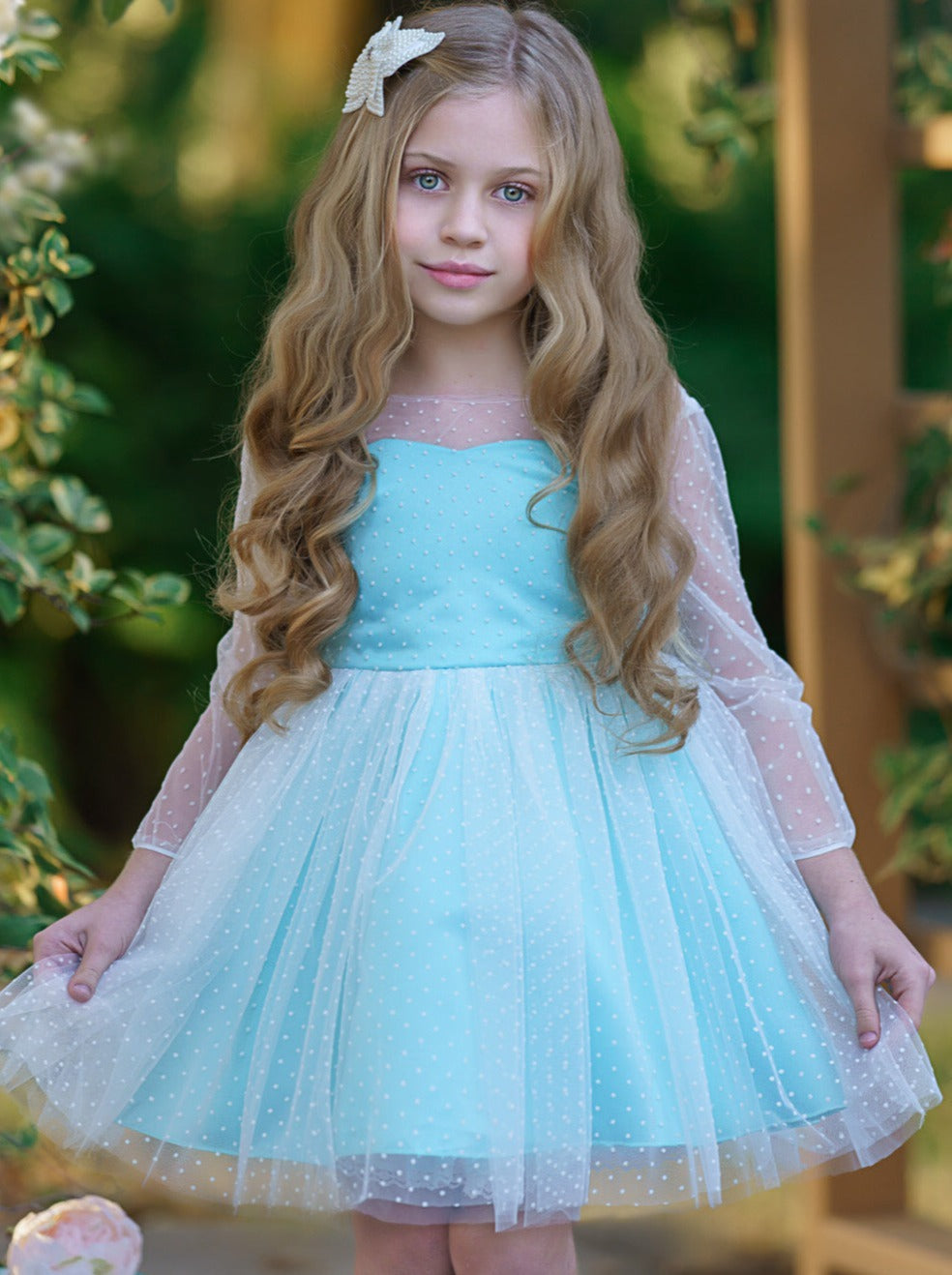 Kids Spring Clothes | Girls Sheer Sleeve Polka Dot Tulle Formal Dress