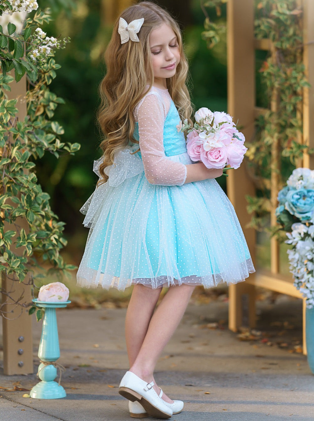 Kids Spring Clothes | Girls Sheer Sleeve Polka Dot Tulle Formal Dress
