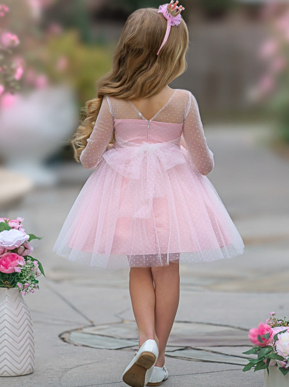Kids Spring Clothes | Girls Sheer Sleeve Polka Dot Tulle Formal Dress