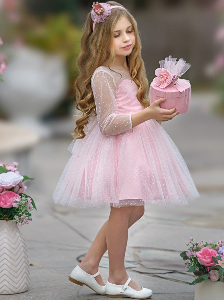 Kids Spring Clothes | Girls Sheer Sleeve Polka Dot Tulle Formal Dress