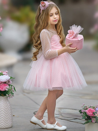 Kids Spring Clothes | Girls Sheer Sleeve Polka Dot Tulle Formal Dress