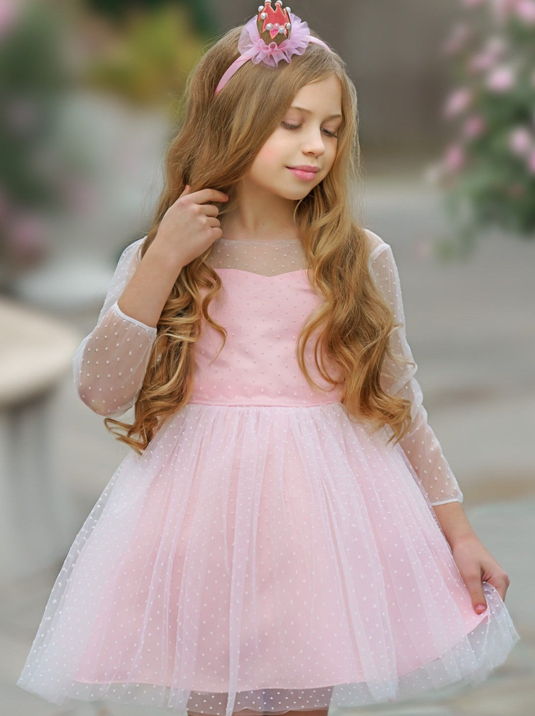 Kids Spring Clothes | Girls Sheer Sleeve Polka Dot Tulle Formal Dress