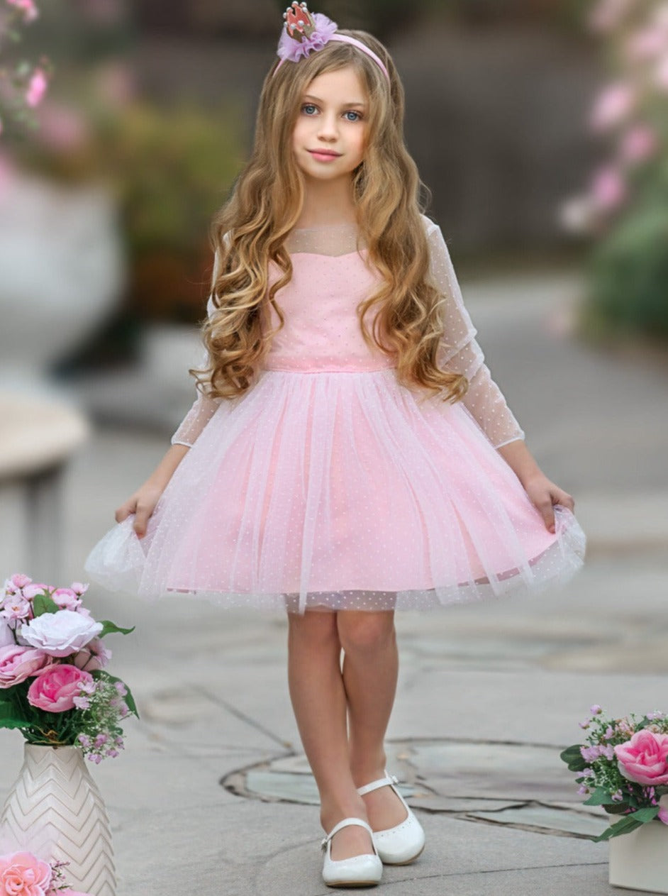 Kids Spring Clothes | Girls Sheer Sleeve Polka Dot Tulle Formal Dress
