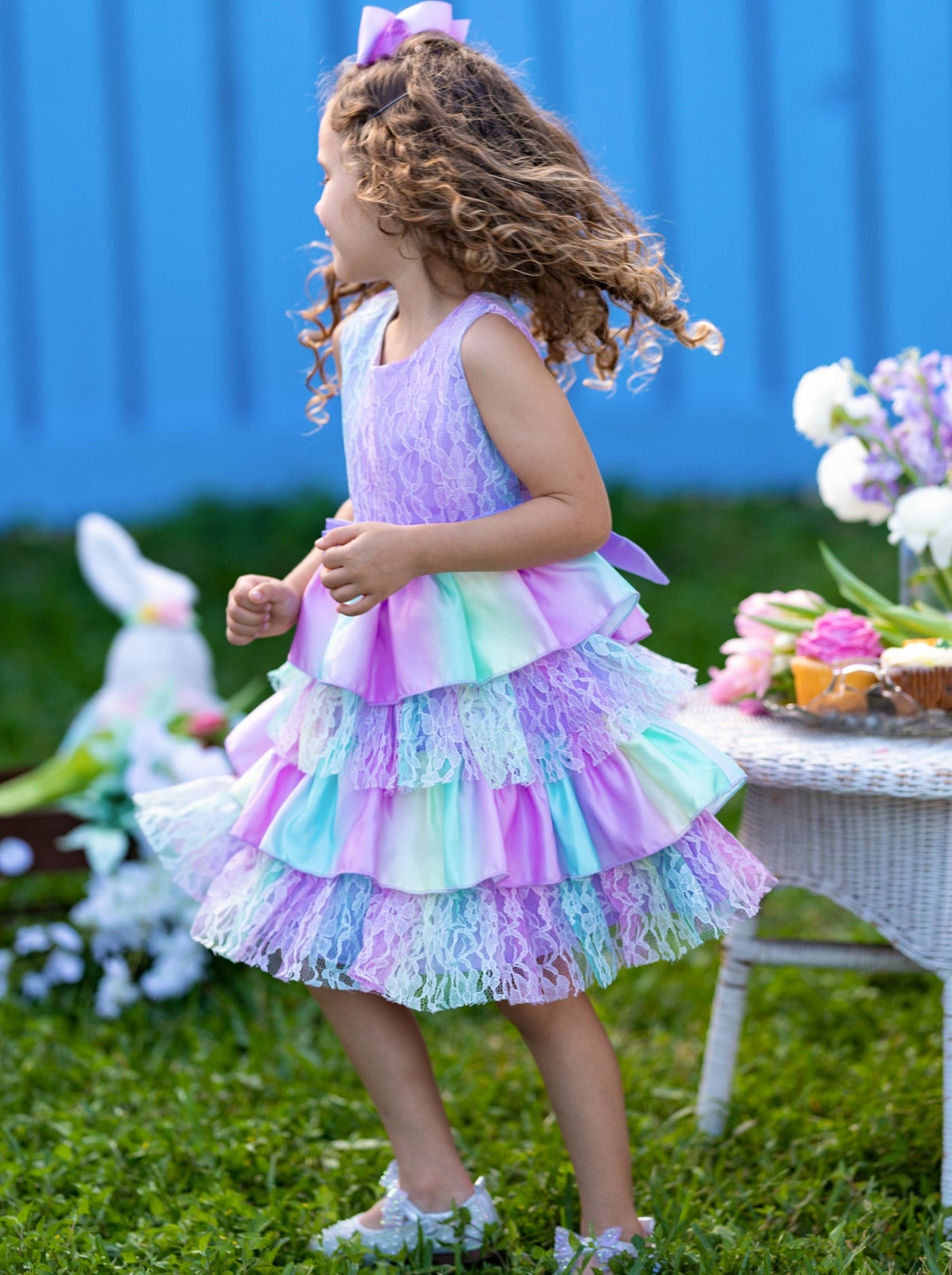 Girls Special Occasion Dress | Pastel Rainbow Tiered Lace Ruffle Dress