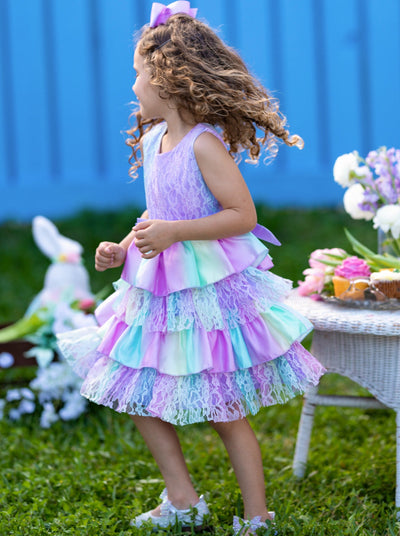 Girls Special Occasion Dress | Pastel Rainbow Tiered Lace Ruffle Dress