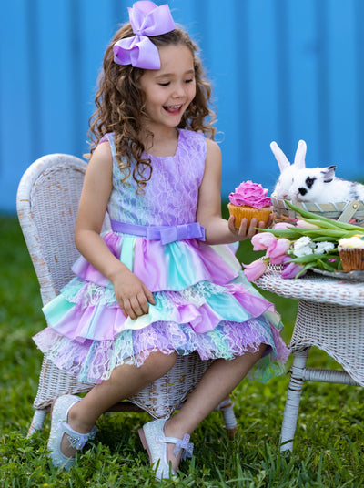 Girls Special Occasion Dress | Pastel Rainbow Tiered Lace Ruffle Dress