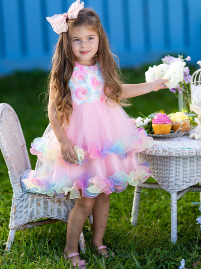 Girls Easter Dresses | Pink Rainbow Roses Elegant Tulle Tutu Dress 