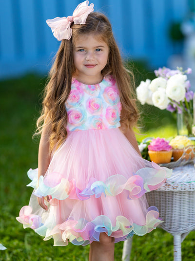 Girls Easter Dresses | Pink Rainbow Roses Elegant Tulle Tutu Dress 