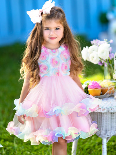 Girls Easter Dresses | Pink Rainbow Roses Elegant Tulle Tutu Dress 