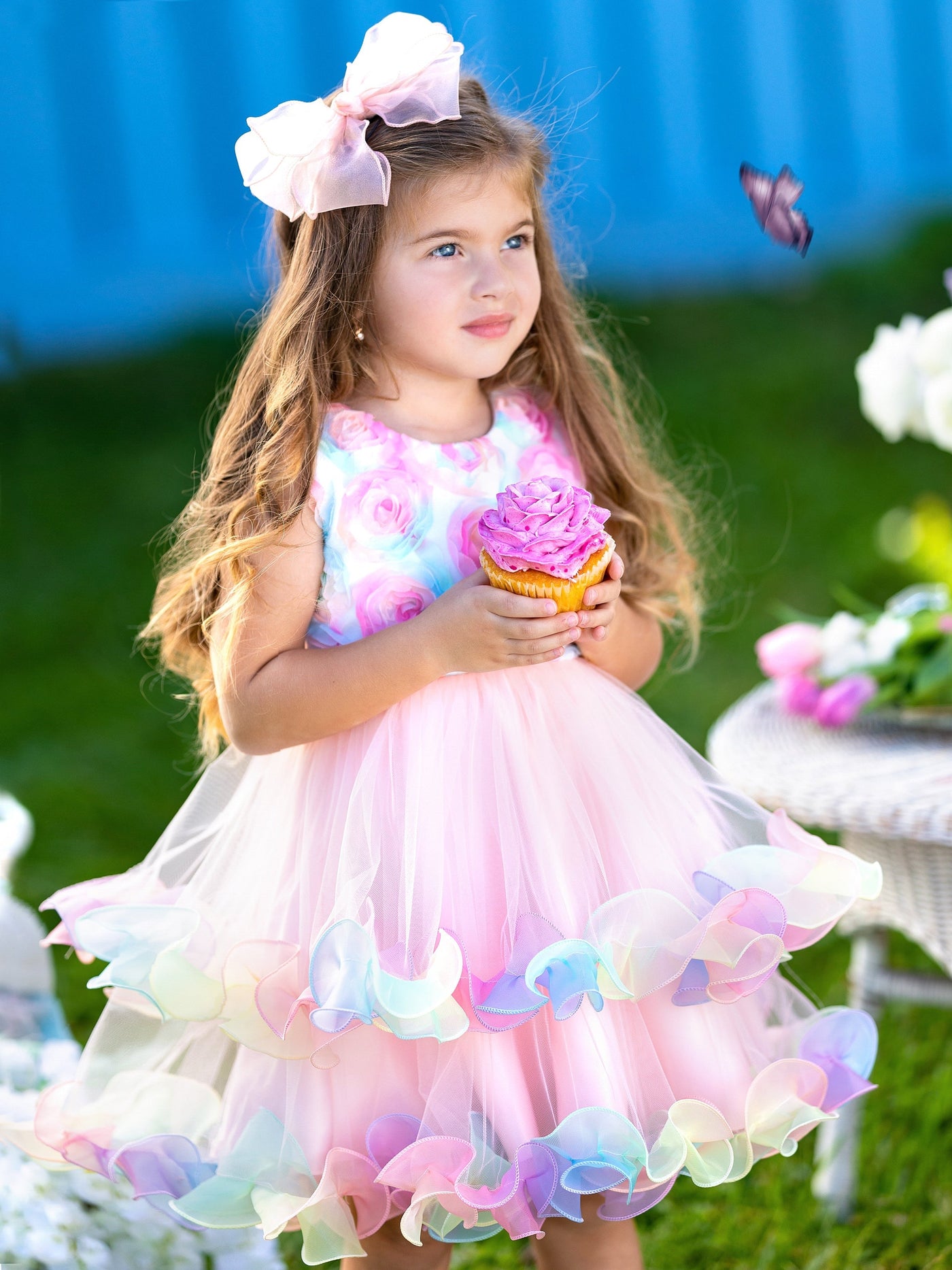 Girls Easter Dresses | Pink Rainbow Roses Elegant Tulle Tutu Dress 