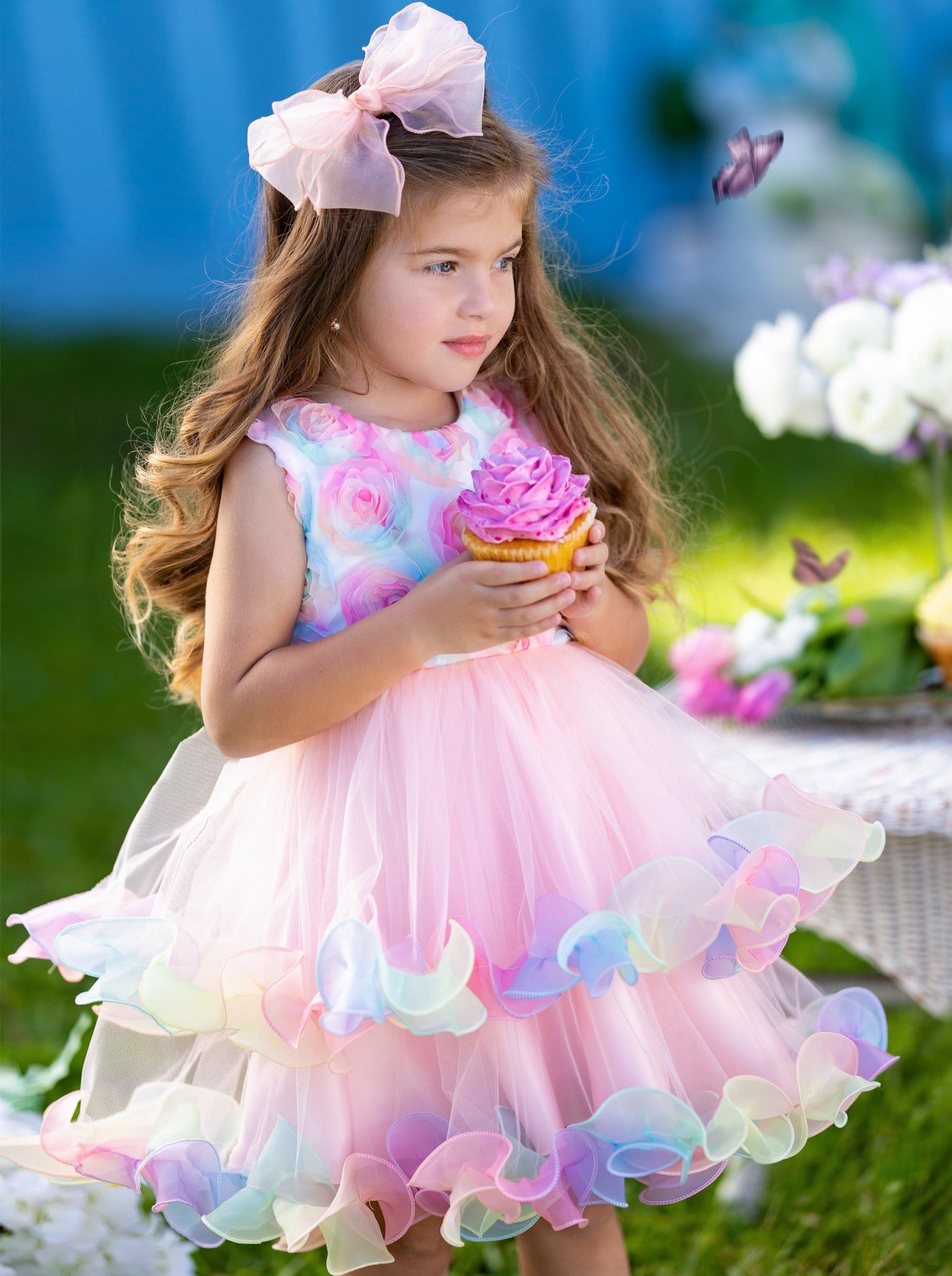 Girls Easter Dresses | Pink Rainbow Roses Elegant Tulle Tutu Dress 