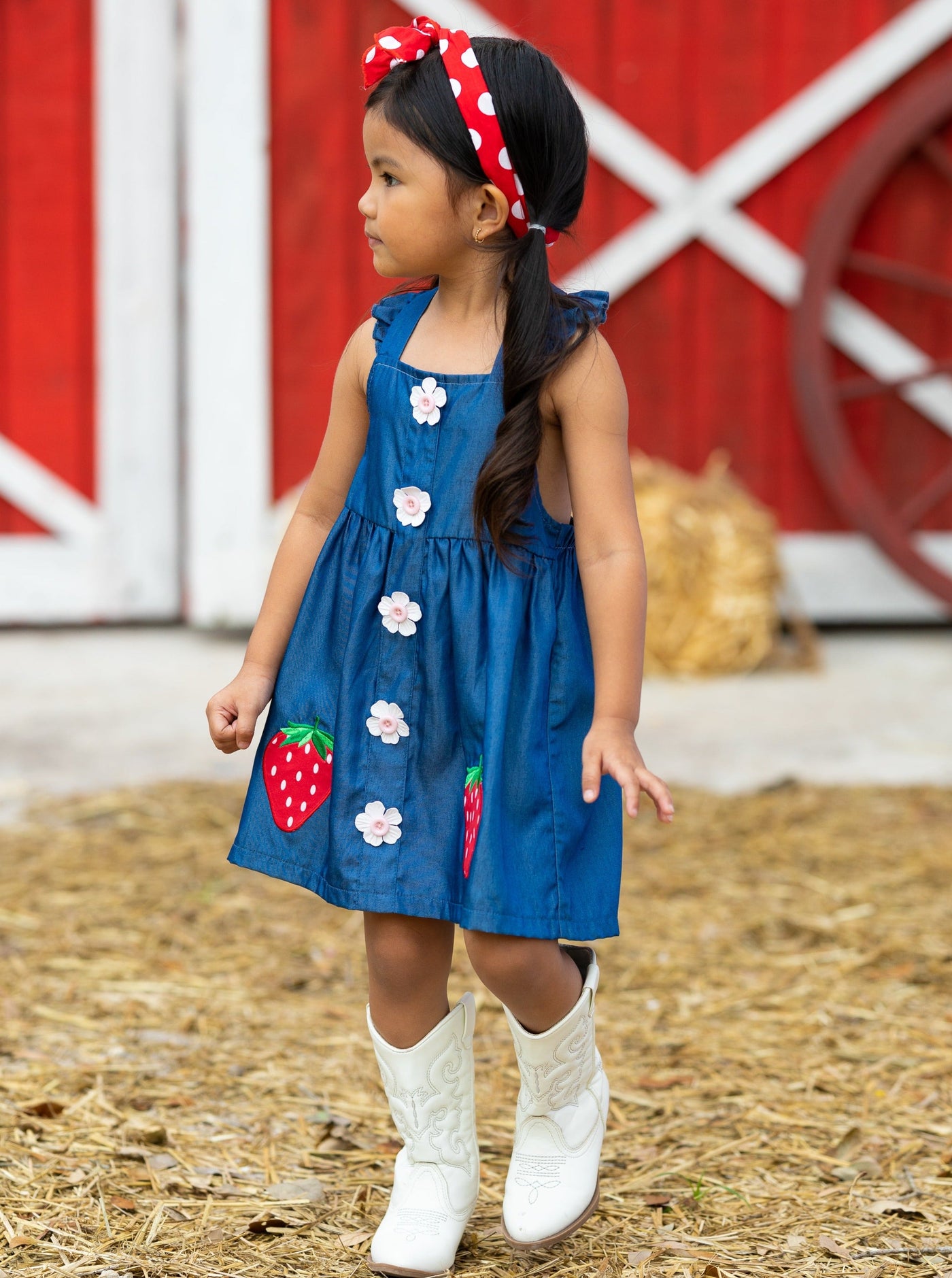 Cute Spring Toddler Outfits | Girls Strawberry Applique Denim Dress