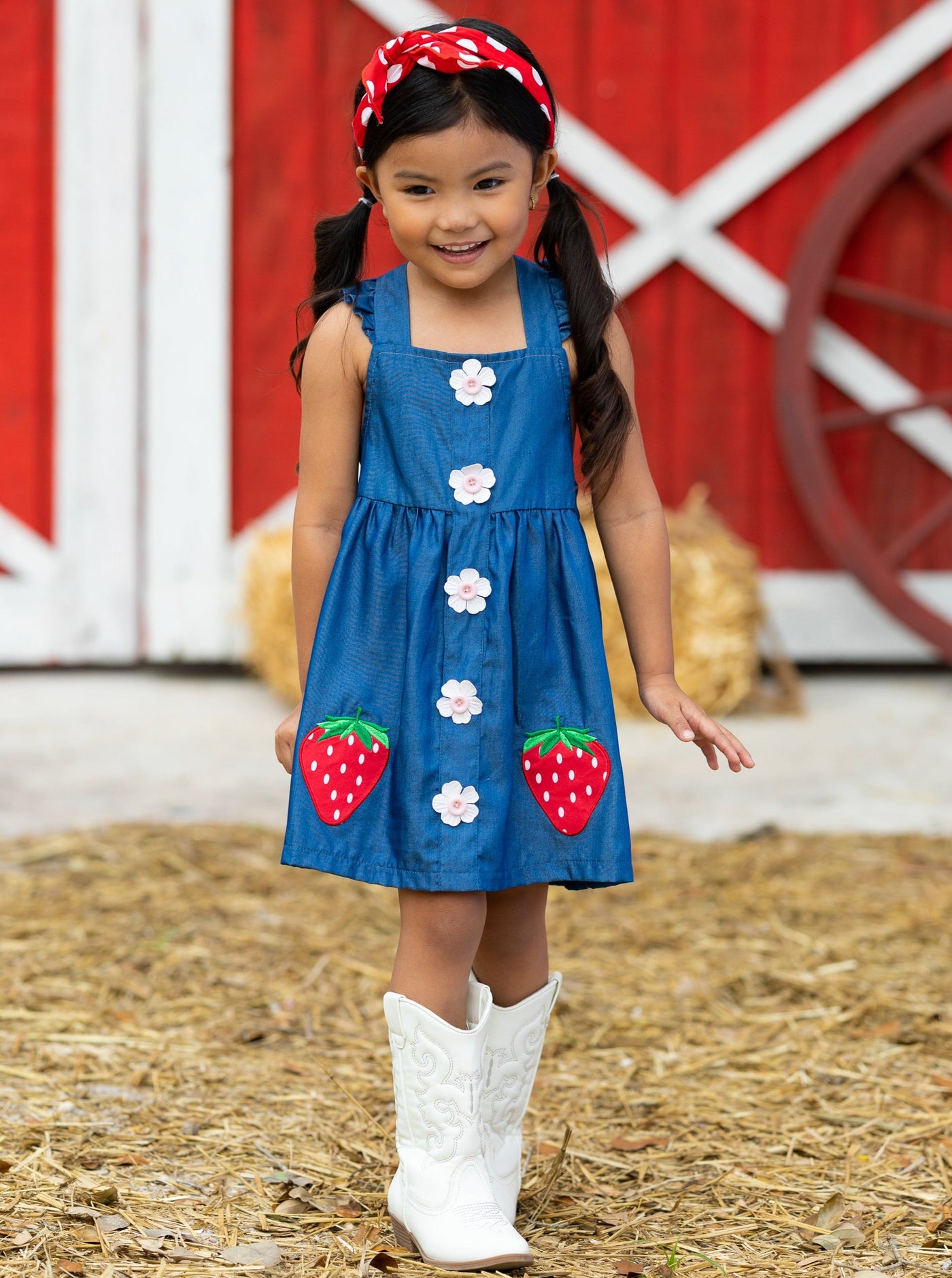 Cute Spring Toddler Outfits | Girls Strawberry Applique Denim Dress