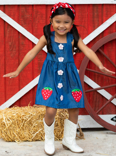 Cute Spring Toddler Outfits | Girls Strawberry Applique Denim Dress