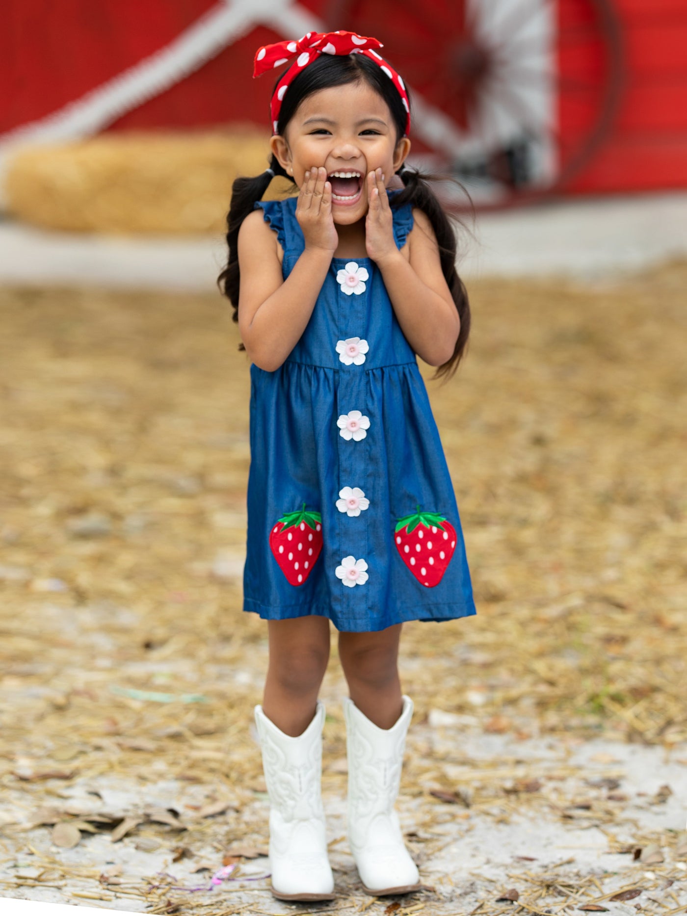 Cute Spring Toddler Outfits | Girls Strawberry Applique Denim Dress