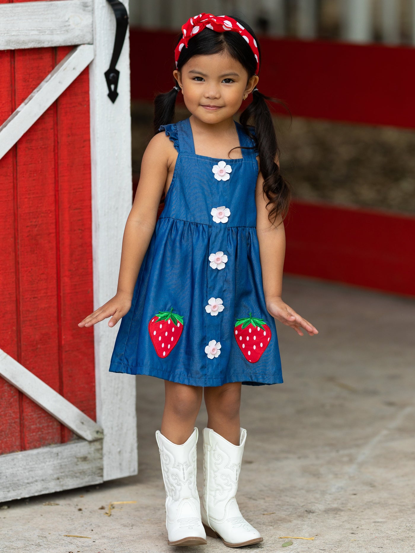 Cute Spring Toddler Outfits | Girls Strawberry Applique Denim Dress
